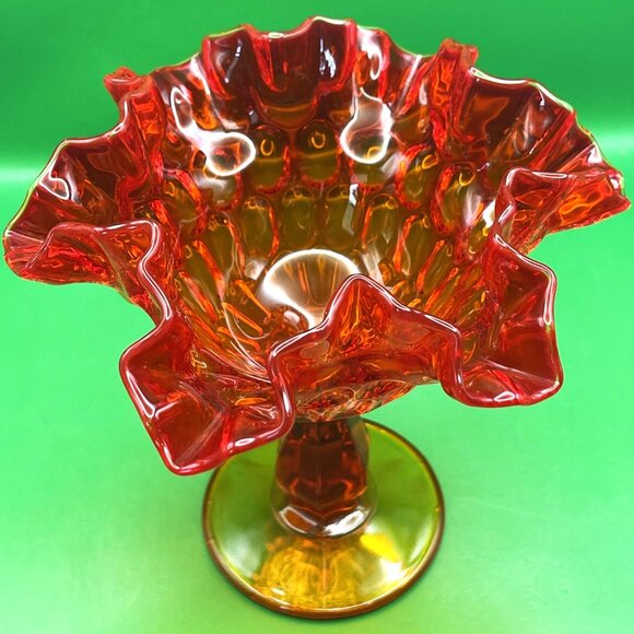 Fenton Amberina Ruffled Crimped Thumbprint Pedestal Candy Dish Compote VTG MCM - Picture 10 of 13